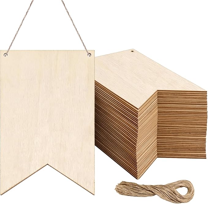 50 Pack Unfinished Blank Wood Signs Wooden Blocks for Crafts with Hemp Rope Wood Cutouts Plaques Flag Ornament for DIY Crafts Painting Writing Wall Decorations