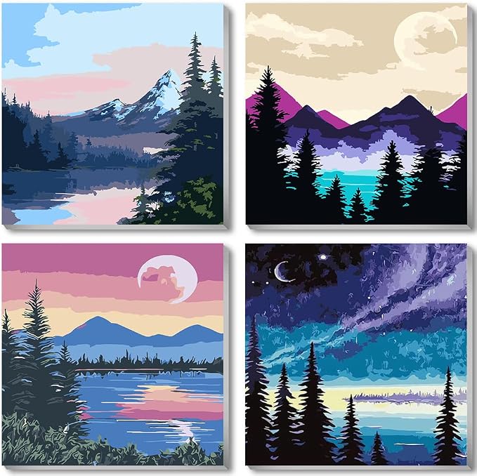 4 Pack Paint by Numbers Kits for Adults with Frame 8x8 Inch