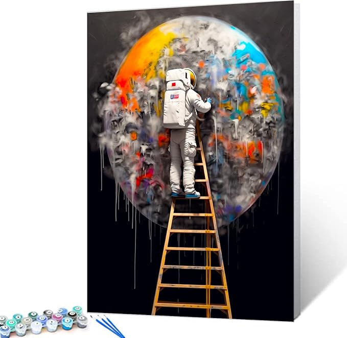 DIY Paint by Numbers for Adults Astronaut Painting DIY Digital Oil Painting Acrylic Paint Outer Space Graffiti Painting Kits Canvas Wall Art Astronaut Graffiti Room Decor 16x20 Inch（DIY Frame ）