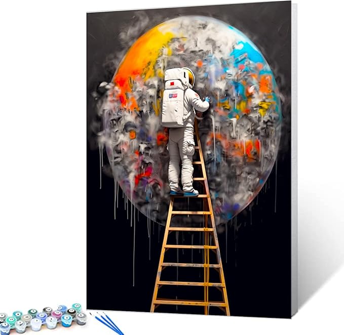 DIY Paint by Numbers for Adults Astronaut Painting DIY Digital Oil Painting Acrylic Paint Outer Space Graffiti Painting Kits Canvas Wall Art Astronaut Graffiti Room Decor 16x20 Inch（without Frame ）
