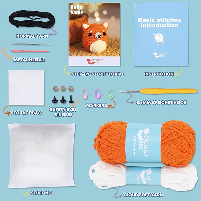 Crochet Kit for Beginners: Shiba Inu Crochet Kit, All You Need in, Include Easy Knitting Soft Yarn, Step-by-Step Video, Hook, Birthday Gift for Adults, Teens
