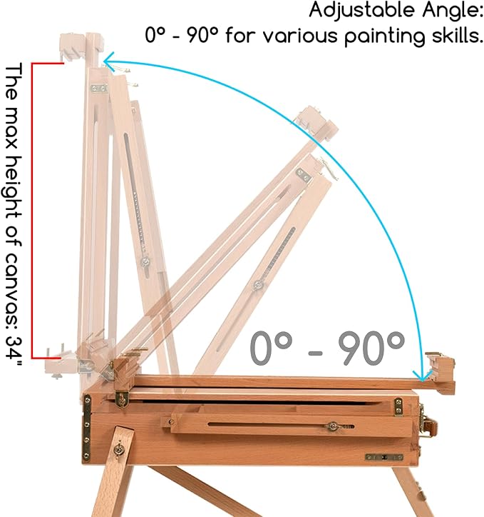MEEDEN Portable French Sketchbox Art Easel: Foldable Standing Field Easel | Beechwood Travel Easel with Drawer, Palette & Metal Tray, for Adult Artists Watercolor Painting, Holds Canvas Up to 34"