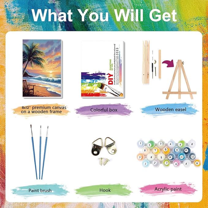 xackcme Beach Paint by Numbers for Adults with Framed Canvas 8x12 inch | Landscape Paint by Number on Canvas, DIY Sunset Acrylic Oil Painting Kits with Wooden Easel Brushes for Home Wall Decor