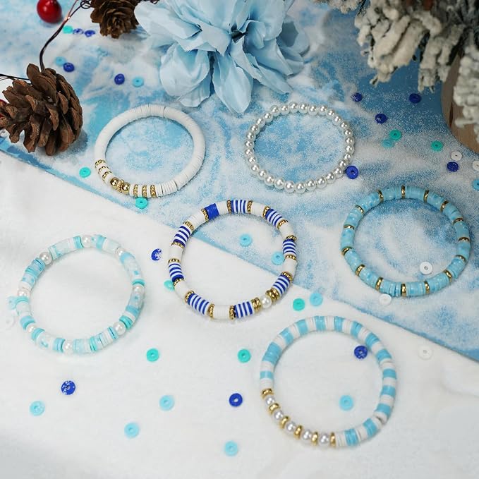 Gionlion Clay Beads for Bracelets, Blue Winter Clay Beads Bracelet Making kit with Golden Pearl Beads for Jewelry Making, Charms Bracelet Kit and Crafts DIY Gifts for Women