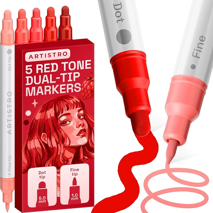 ARTISTRO Red Tones Dual-Tip Acrylic Paint Marker Pens - Set of 5 | For Fabric, Rock, Glass, Wood, & Coloring Books, Arts & Crafts Gift, Classroom Must Haves & School Supplies (Dot & Fine Tips)