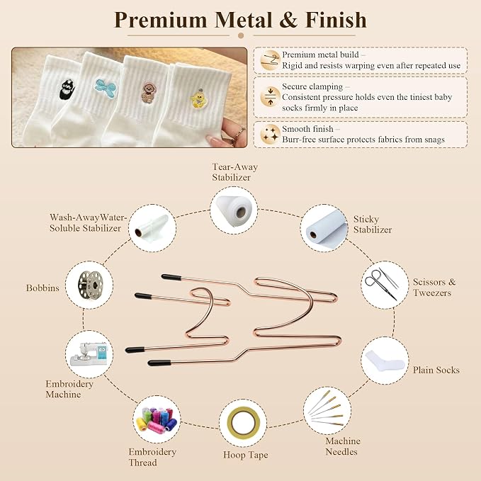 Sock Hoop for Embroidery Machines, 1 Adult & 1 Kids Metal Hooping Aid Set
