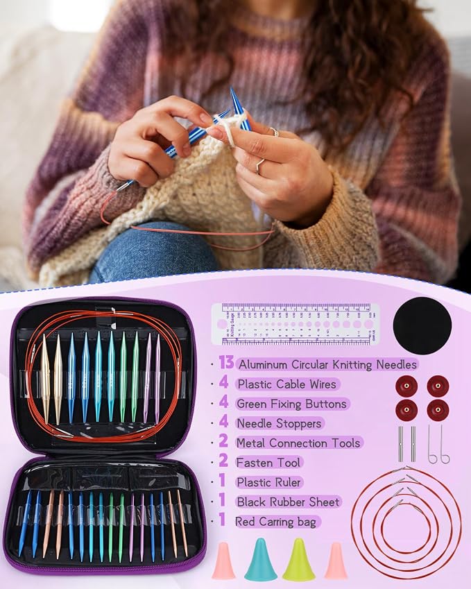 Aeelike 13 Pair Interchangeable Circular Knitting Needles 3-10 mm, Purple | Aluminum Interchangeable Knitting Needles with 4 Cables, Smooth Complete Needles Set for Socks Blankets Sweaters, Ideal Gift