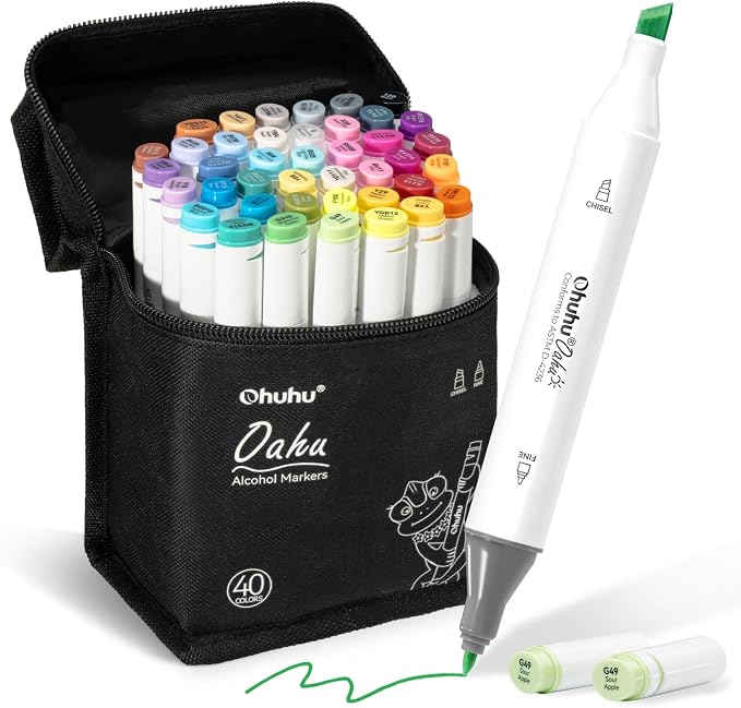 Ohuhu Alcohol Markers 40 Colors Chisel Fine AP Certified for Adult Coloring | Refillable Art Marker Set, Dual Tips Alcohol-based for Artists Beginners Adults Drawing Illustration Sketching, Oahu