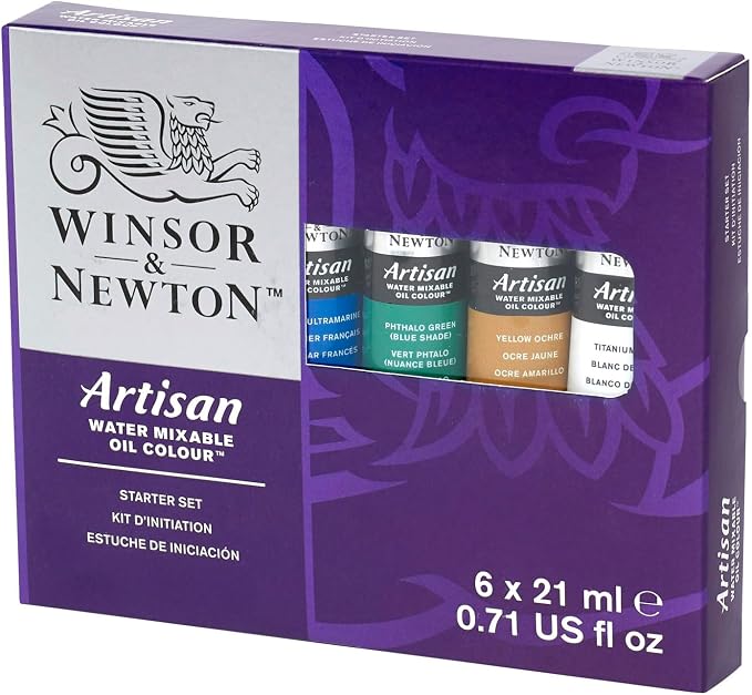 Winsor & Newton Artisan Water Mixable Oil Paint, Starter Set, 6 x 21ml | Clean with water; no solvents needed. Color depth, lightfastness, opacity/transparency are the same as traditional oils.