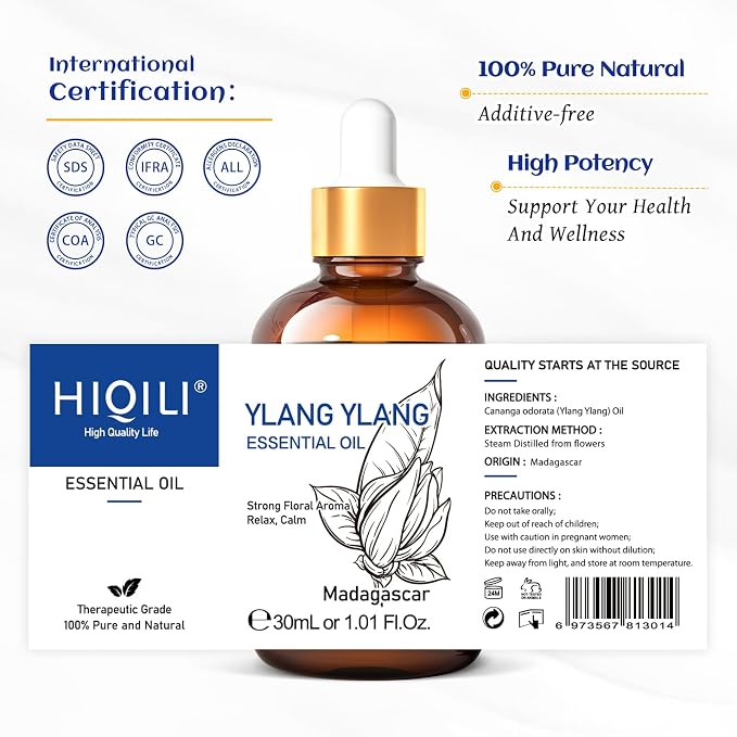 HIQILI Ylang-Ylang Essential Oil for Diffuser, Aromatherapy, DIY Perfumes