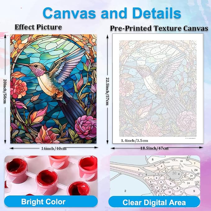 Artunion Hummingbird Paint by Numbers Kit for Adults,Stained Glass Paint by Number Kits, DIY Oil Painting Paint by Number Kits on Canvas Arts Craft for Home Wall Decor 16x20 Inch