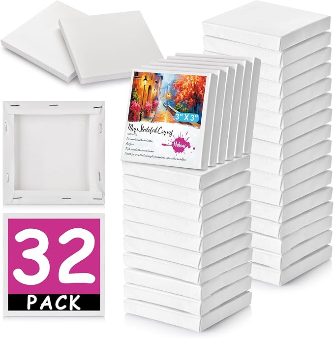 32PCS Mini Canvases for Painting – 3 x 3 in Bulk Small Square Stretched Canvases, 0.4 in Thick Blank Canvas for Students, Art Supplies, School & Home Crafts