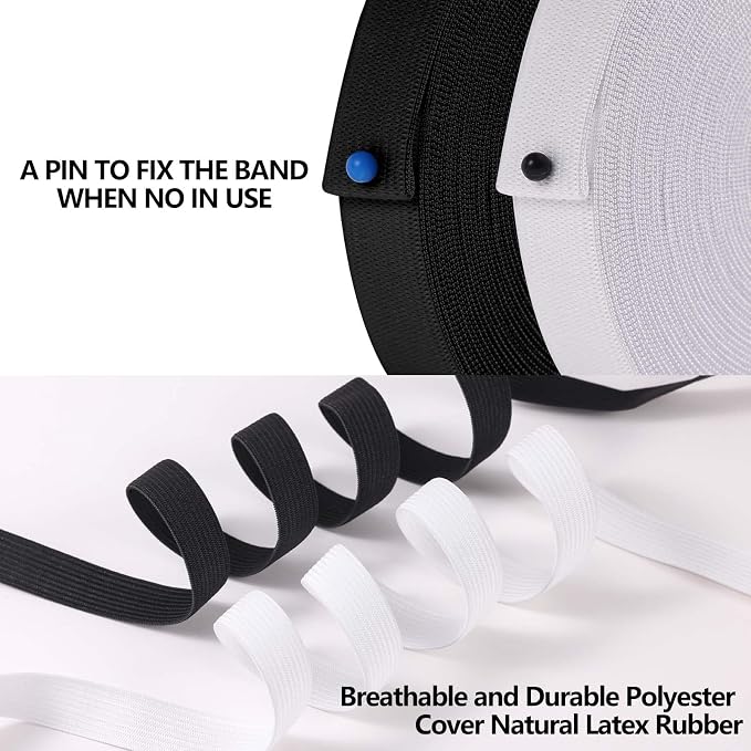 XKDOUS Elastic Band for Sewing, 0.6 Inch 14 Yards, 2 Roll,Black and White