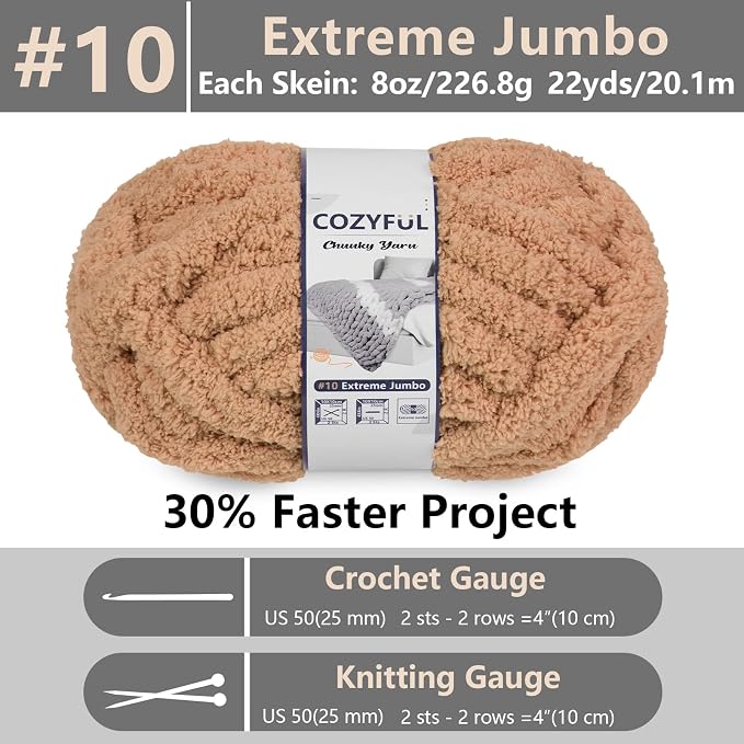 Cozyful Chunky Yarn for Hand Knitting - #10 Chunky Chenille Yarn, Jumbo Big Thick Chunky Yarns for Crocheting, Super Bulky Chunky Knit Blanket Yarns, 8 Skein (22 yds 8 oz Each Skein), Light Coffee