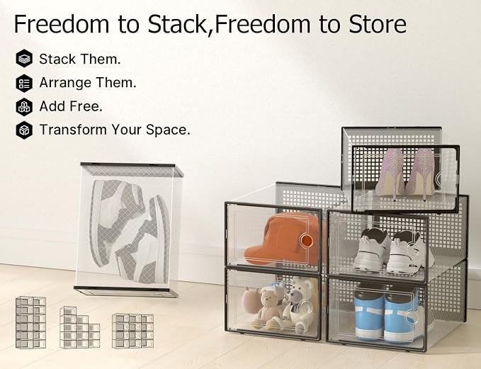 Kuject XX-Large Shoe Storage Boxes 12 Pack, Clear Stackable Shoe Organizer