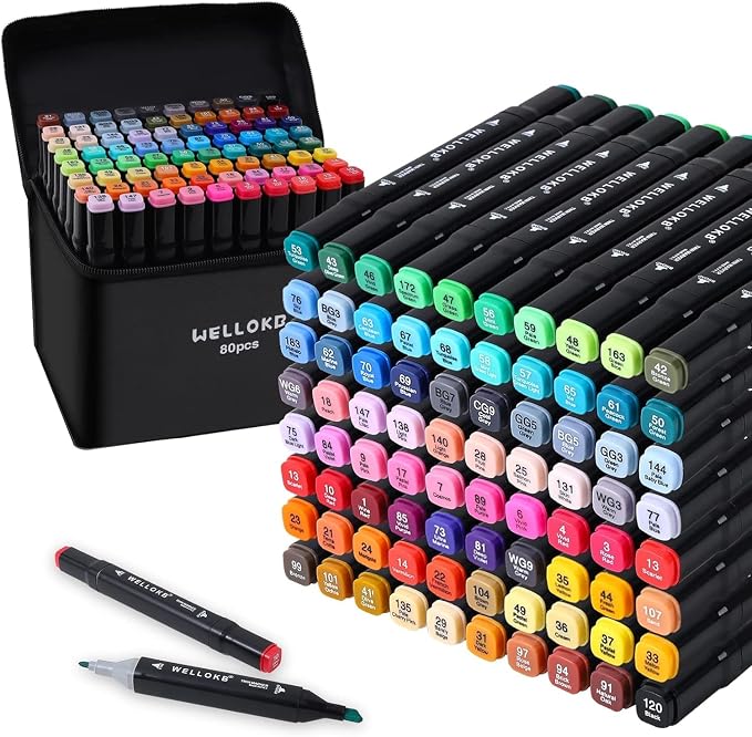 WELLOKB Alcohol Markers, 80 Colors Dual Brush Tip Permanent Art Markers, Coloring Marker, for Book Painting Card Making, Christmas gift for Adults Kids 8-12