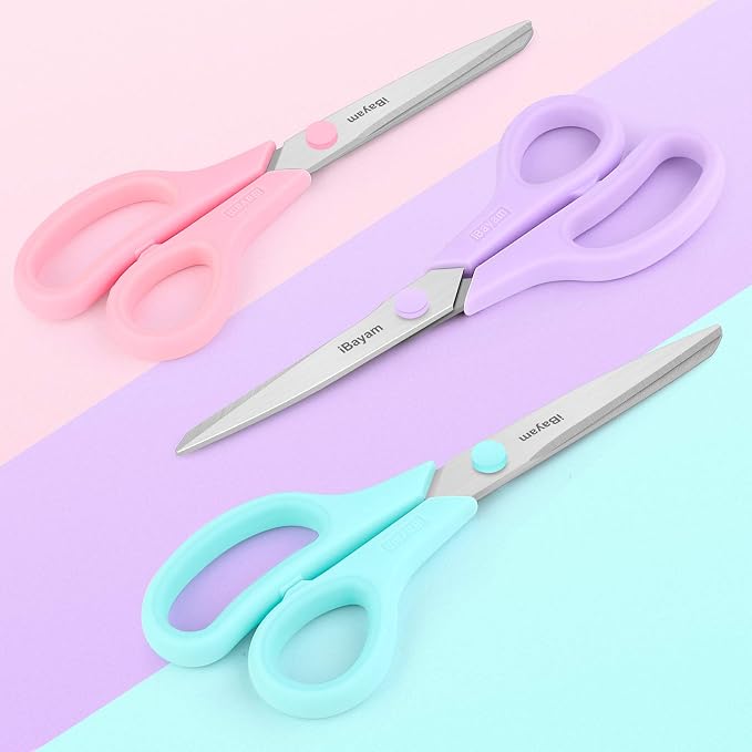 iBayam 8.5" Scissors All Purpose, 2.5mm Sharp Blade, 3 Cute School Office | Soft Comfort-grip, Left/Right Handed, Cuts Cardboard, Fabric, Vinyl & Leather for Office, Classroom, School & Craft Desk