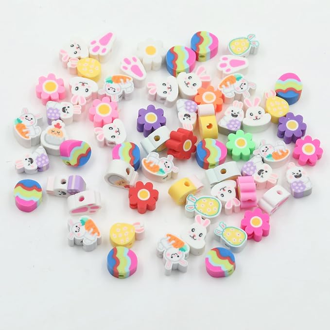 100 Pcs Colorful Easter Polymer Clay Beads Mixed Bunny & Egg Soft Heishi Spacer Beads Supplies for DIY Bracelet Earring Necklace Jewelry Making