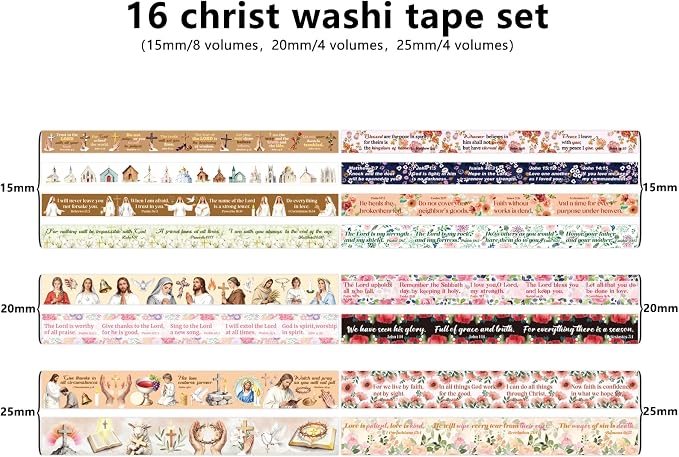 Christian Washi Tape 16 Rolls Aesthetic Decorative Cute Scrapbook Tape