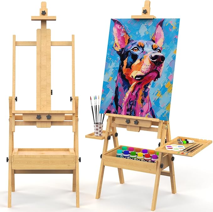 Solid Beech Wood H-Frame Easel with 2 Palette and Storage | Professional Foldable Studio Art Easel Stand with Signature Box for Adults, Holds Canvas Art up to 48"
