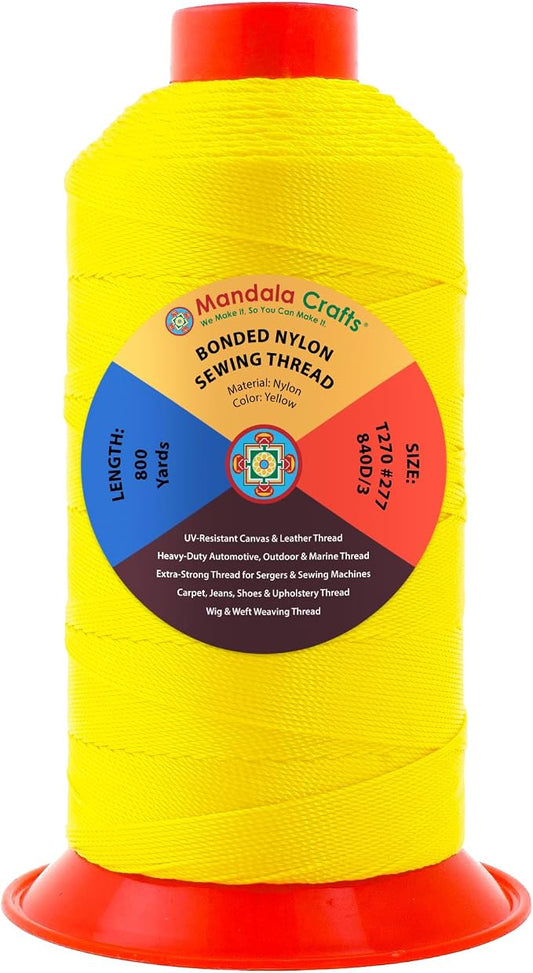 Mandala Crafts Bonded Nylon Thread Yellow Heavy Duty Sewing Threads - 800 YDs Size 277 840D T270 Tex 270 Thread for Leather Jeans Weaving Outdoor Marine Upholstery Threads