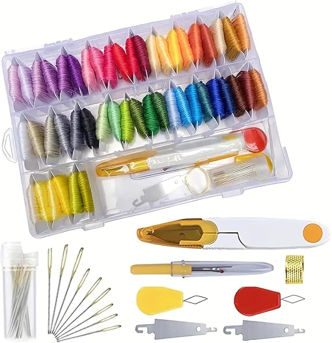 Huacan Embroidery Floss Kit with Storage Box 50 Colors Stitching Threads Sewing Kits 67 Pcs DIY Cross Stitch Accessories Set for Adults Beginner