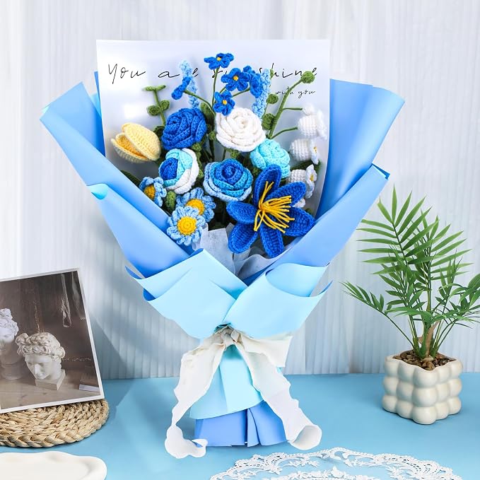 Iuuidu Crochet Kit, Flower Bouquet Crochet Kit for Beginners Blue