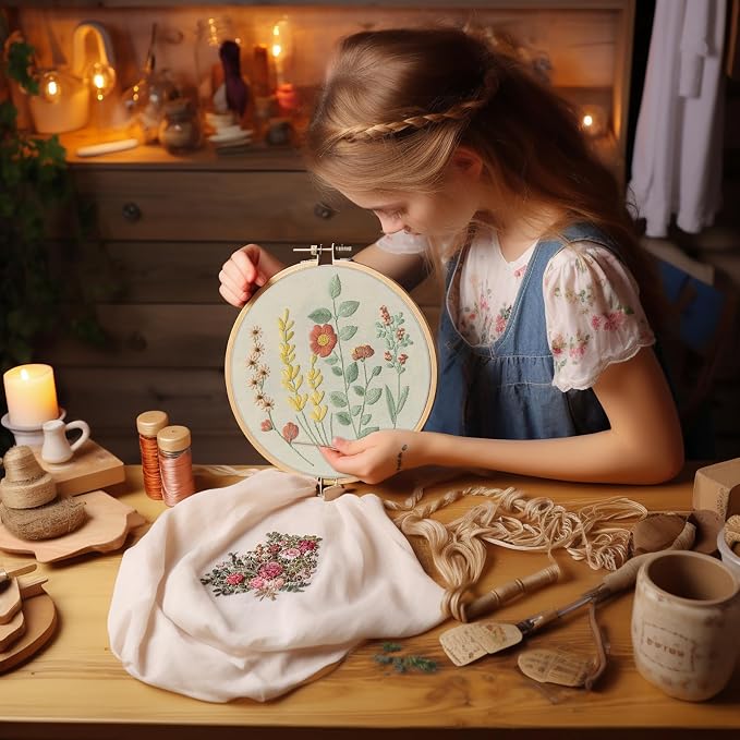 Bonroy 4 Sets Embroidery Kit for Beginners,Embroidery Kit for Art Craft Handy Sewing Include Embroidery Clothes with Pattern,Embroidery Hoops, Instructions,Color Threads Needle Kit (Multi 5)