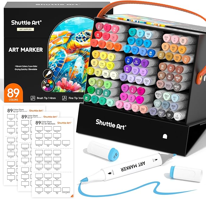 Shuttle Art Brush Tip Alcohol Markers, Dual Tip Brush & Fine Tip Art Marker Set, 89 Colors Marker Pens with Organized Case Perfect for Illustration Kids Students Adults Coloring Sketching