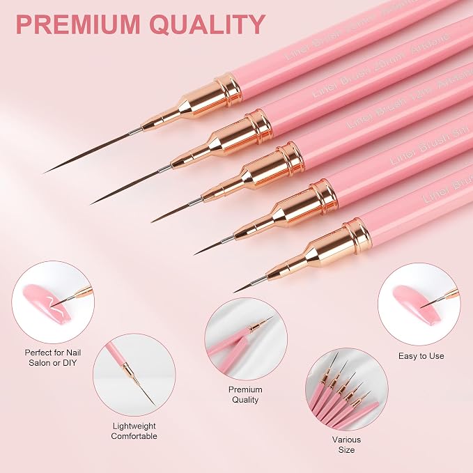 Artdone Metallic Nail Art Pens, Liner Brushes Set, 5PCS Pink Nail Tools