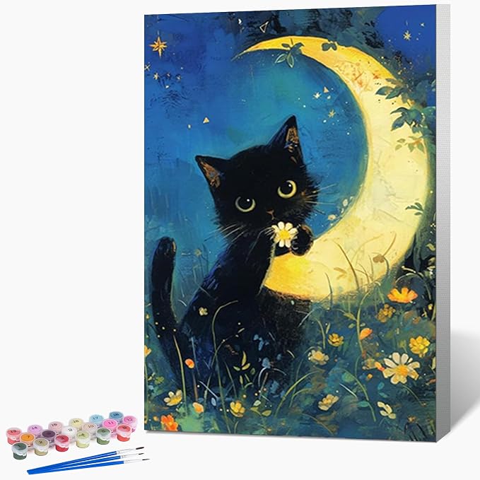 Fountor Black Cat Framed Paint by Numbers Kit for Adults Beginner 8x12 Inch