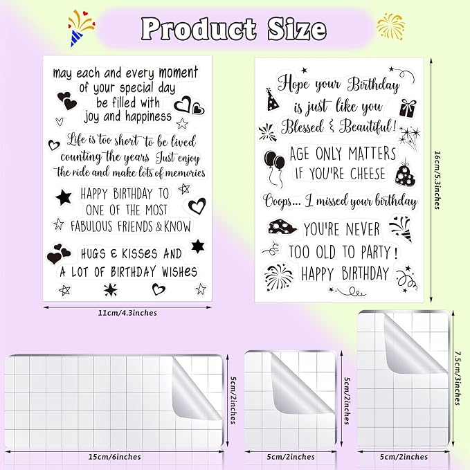 Clear Stamps for Card Making, 4 Sheets Sentiments, 3 Acrylic Blocks | Happy Birthday Rubber Stamps, Grid Line Blocks, DIY Scrapbooking, Journaling, Ink Pad Compatible