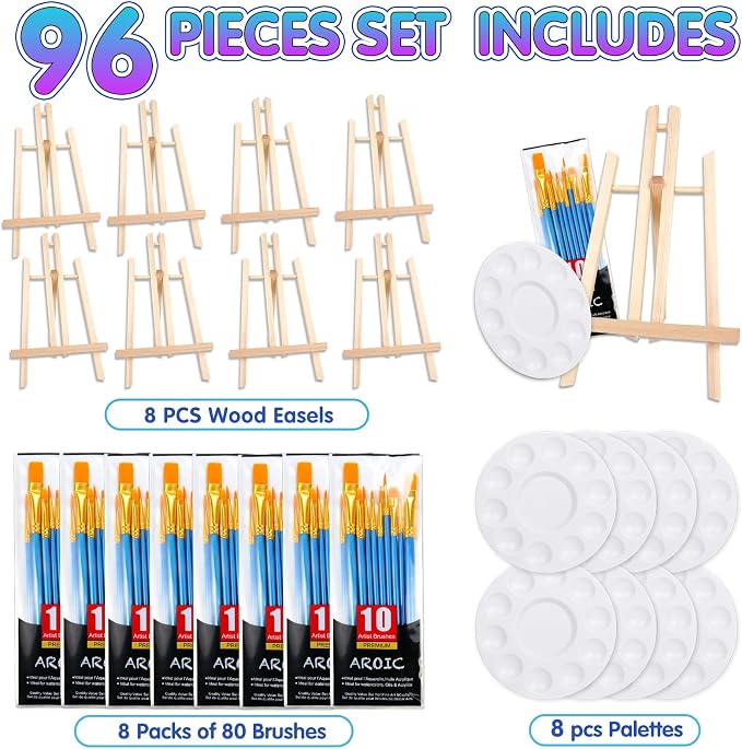 AROIC 96 PCS Painting Supplies Set with Easels | 8 PCS Wood Easels, 8 Packs 80 Brushes with Nylon Brush and 8 PCS Palettes, Tabletop Wooden Art Easel for Kids & Adults