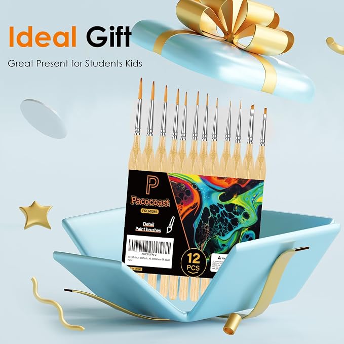 12Pcs Detail Paint Brushes Set for Miniature Fine Art Painting | Triangular handles for acrylic, oil & watercolor. Ideal for crafts, models, figurines, face paint & paint-by-number, Wood