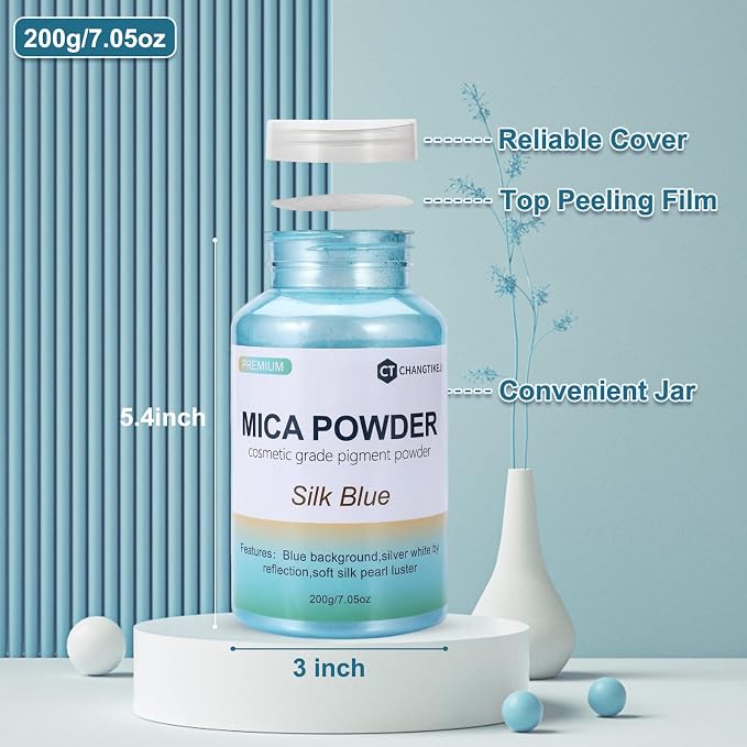 Mica Powder,7.05OZ（200g）,Silk Blue Mica Powder Pigment for Epoxy Resin，Lip Gloss，Paint，Dye，Soap Making，Nail Polish,Candle Making,Bath Bombs(Silk Blue)