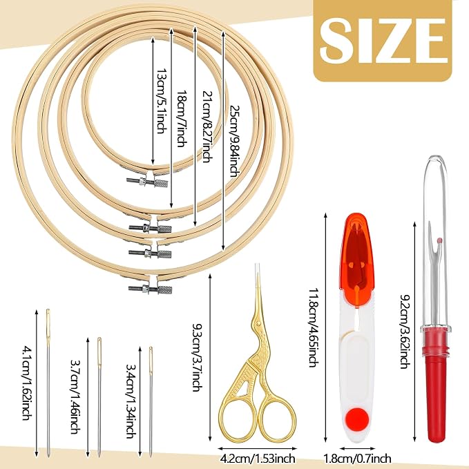 Mudder 53 Pcs Cross Stitch Kit with Embroidery Hoop Bamboo Needles,Red | Bamboo Hoop Rings Scissors Threading Tool Thimbles Bobbins Seam Ripper for Cross Stitch Embroidery Starter Projects