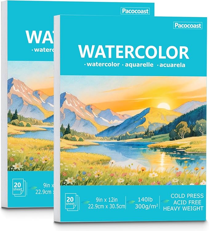 Pacocoast 9"x12" Cold Press Watercolor Paper Pad, 2Pack, Glue Bound, Teal