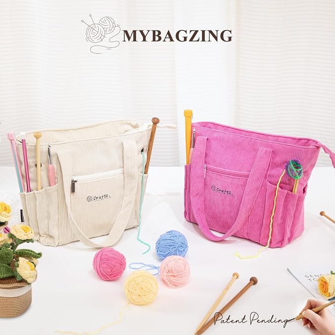 MYBAGZING Crochet Bag and Tote - Corduroy Yarn Bag - Yarn Holder and Storage for Crochet Hooks, Knitting Accessories - Mother's Day Gift