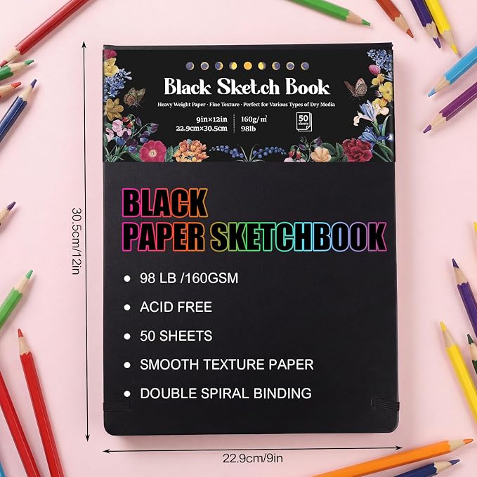 160 GSM Black Paper Sketchbook 9 × 12 in, 50 Sheets Black Paper Notebook