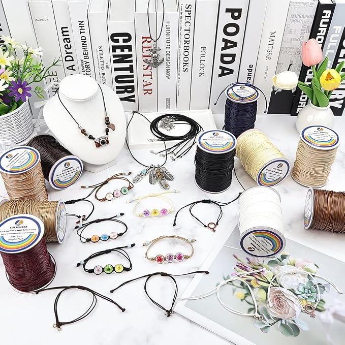 LUSTEMBER 1mm Faux Leather Waxed Cotton Cord, 175 Yards – Durable Necklace String, Soft and Textured Cord for Necklaces, Bracelets, and Jewelry Making