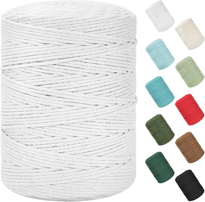 Natural Cotton Macrame Rope - 3mm x 380Yards (1140Feet), 4 Strands Twisted Cotton Cord for Wall Hanging, Plant Hangers, Crafts, Gift Wrapping and Wedding Decorations, White