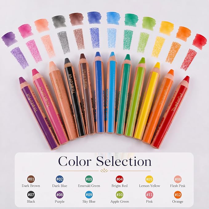 3 in 1 Colored Pencils Set, 12 Jumbo Fat Watercolor Crayons | 3-in-1 Set: Includes 12 jumbo pencils, 1 sharpener & 1 water brush. Use as colored pencils, crayons & watercolor pencils