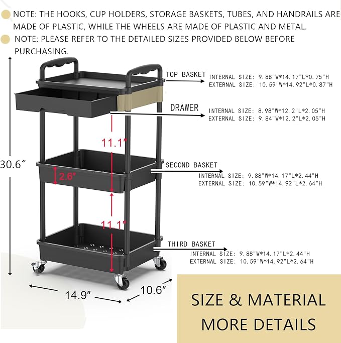 Goovilla 3 Tier Rolling Utility Cart Organizer with Removable Drawer, Black | Stable and Sturdy Rolling Storage Carts with 2 Lockable Wheels for Bathroom, Kitchen, Snack, Craft, Makeup, Baby Essentials