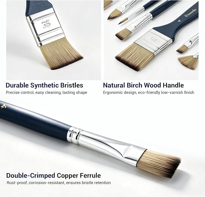 finenolo 25pcs Professional Paint Brush Set, 9 Shapes with Palette Knife | Synthetic bristles for smooth, even strokes, includes palette knife & canvas roll with slots, great for all skill levels