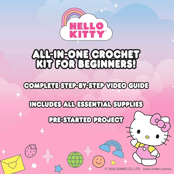 Hello Kitty® and Friends Crochet Kit – Hello Kitty® Bag Charm, Sanrio Crochet Kit for Beginners with Yarn, Starter Hooks, Step-by-Step Tutorials, DIY Craft, Great Teen Gifts