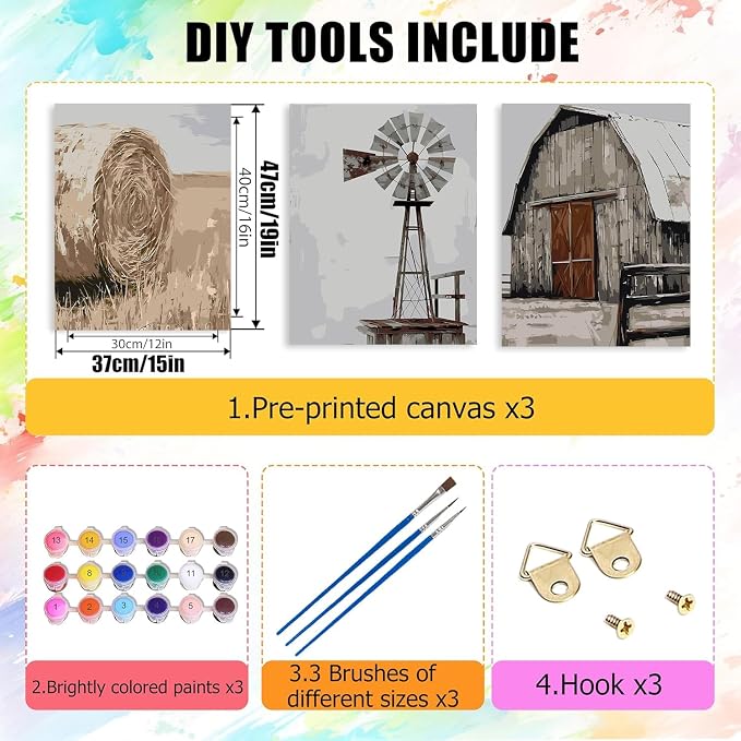 3 Pack Rustic Windmill Barn Paint by Numbers Kit for Adults Beginner | Vintage Adult Paint by Number Kits on Canvas, Funny DIY Acrylic Oil Easy Painting by Numbers for Home Wall Decor&Gift12X16 in