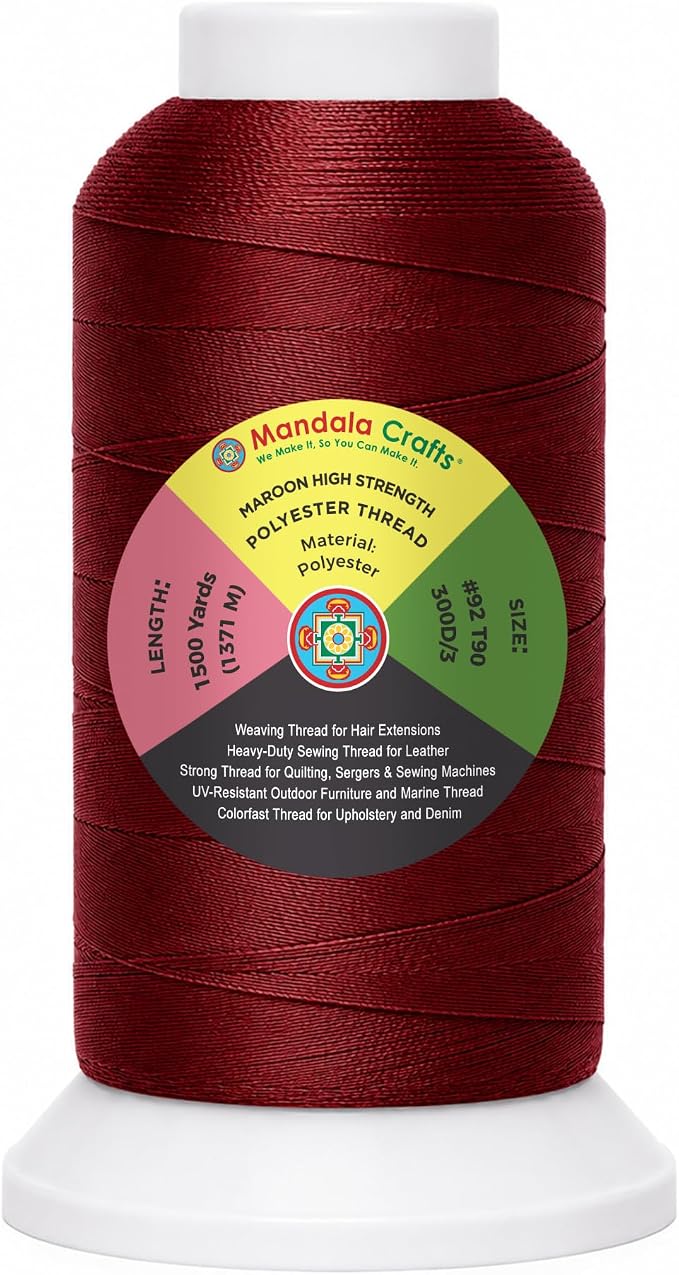 Mandala Crafts Maroon Tex 90 Polyester Heavy Duty Thread for Upholstery | 1500 Yds T90 UV Resistant Strong Thread for Leather Sewing, Marine, Drapery, Jeans, Hair Weaving & Extension, Outdoor