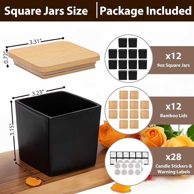 CONNOO 12 Pack 9oz Matte Black Glass Square Candle Jars with Bamboo Lids