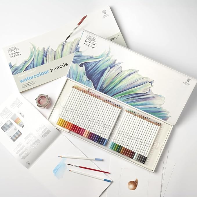 Winsor & Newton Studio Collection, Watercolour Pencil Box Set, 50 piece | Highly pigmented, Wax-Based, Can be Used Wet/Dry, Add Water & Brush to Create Painterly Effects, Break-Resistant Points.