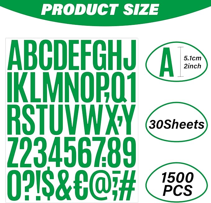 Letter Stickers 30 Sheets 1500 PCS Large 2 Inch Alphabet Stickers, Green